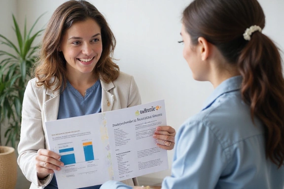 Dietetyk omawia postępy z klientem podczas konsultacji kontrolnej, używając wykresów i materiałów edukacyjnych.